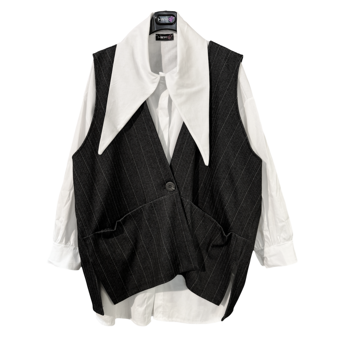 Set camicia e gilet oversize motivo gessato 25632