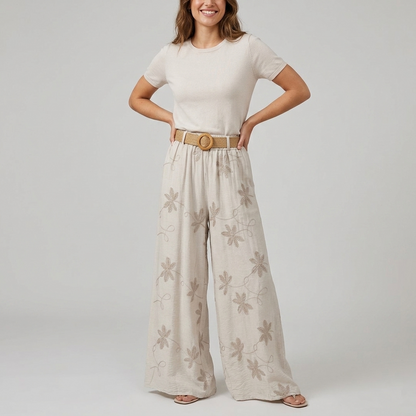 Pantalone palazzo con fiori ricamati 2621