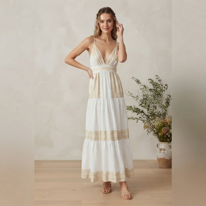 Vestito lungo con ricami oro 28275